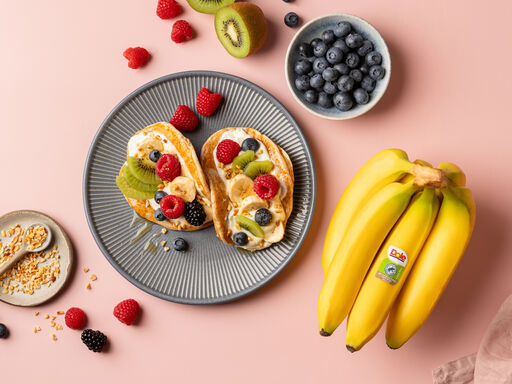Banana Pancake Tacos with berries and yogurt